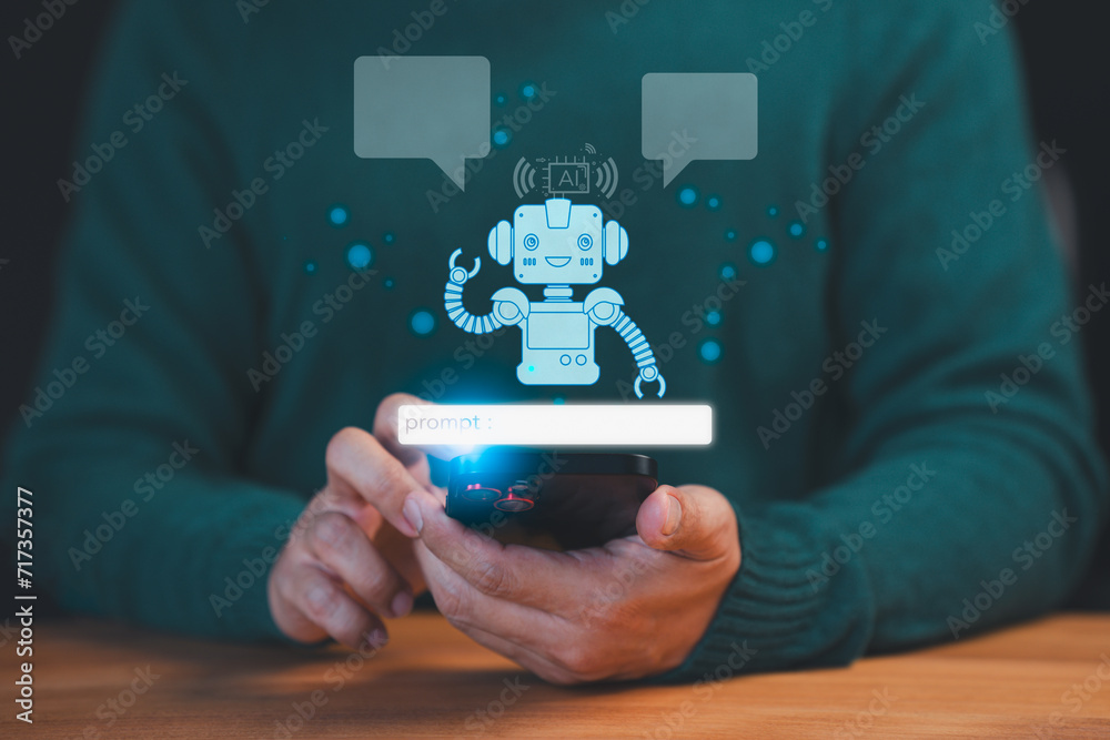 Poster AI technology chatbot for communicate and answer question with people. Member use a smartphone with technology smart robot for Ai chat. Artificial intelligence by enter prompt for generates something.