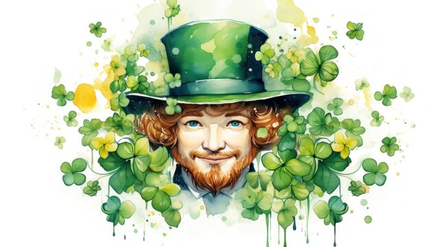 Watercolor illustration of a leprechaun's face surrounded by lucky clovers. Green St. Patrick's Day illustration background. Card.