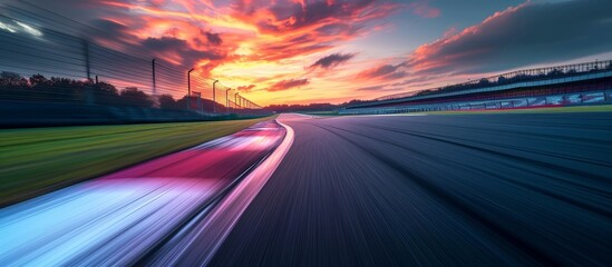 Motion blurred background of an empty international race track at dusk.