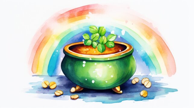 Watercolor painting of a leprechaun's pot with a rainbow arching over it. Green St. Patrick's Day illustration background. Card.