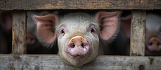 Pig's nose in the pen, with a focus on the shallow depth of field.