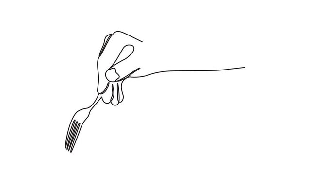 Continuous one line animation. Hand drawn animated motion graphic element of a side view of a hand
holding a fork ready to start eating. 4k videos