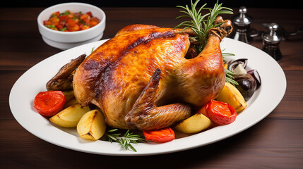 whole roasted chicken on white plate with rosemary