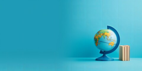 Earth globe on clean blue banner background. Education, school, study and knowledge background concept, Generative AI 