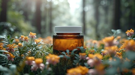 Herbal Moisturizer jar of cosmetic moisturizer cream on nature background. Organic natural ingredients beauty product among green plants. Skin care, beauty and spa product presentation, copy space.