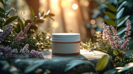 Herbal Moisturizer jar of cosmetic moisturizer cream on nature background. Organic natural ingredients beauty product among green plants. Skin care, beauty and spa product presentation, copy space.