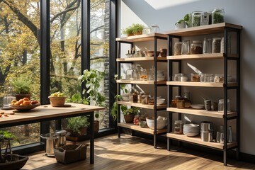 Minimalist pantry with open wire shelving, Generative AI