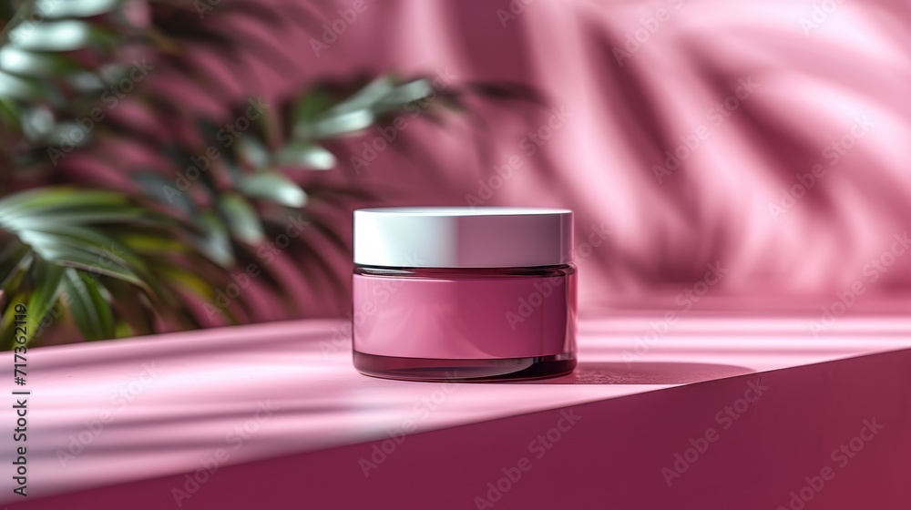 Wall mural Herbal Moisturizer jar of cosmetic moisturizer cream on nature background. Organic natural ingredients beauty product among green plants. Skin care, beauty and spa product presentation, copy space.