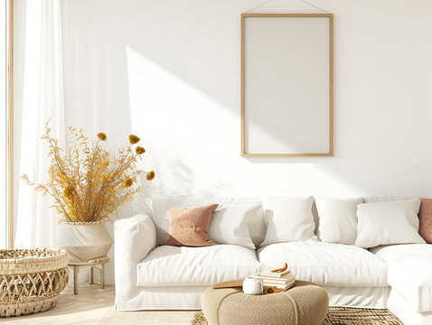 Empty picture frame mock up image for stock photos and mockups, White and clean contemporary style home decor with empty picture frame, natural sunlight in living room
