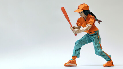 Baseball woman athlete exercise, origami art with copy space - obrazy, fototapety, plakaty