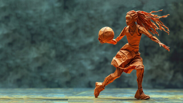 Basketball woman athlete exercise, origami art with copy space