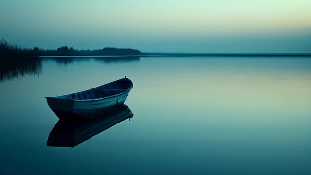 Silhouette of a small boat floating on a calm lake surface in the dim light
