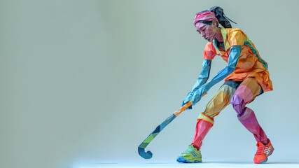 Hockey woman athlete exercise, origami art with copy space