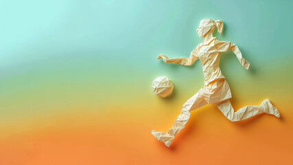 Soccer woman athlete exercise, origami art with copy space
