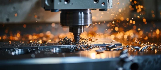 Fotobehang Advanced Metalworking CNC milling machine employing modern processing technology to cut metal, providing authentic shots in challenging conditions with some grain and potential blurriness due to a © TheWaterMeloonProjec