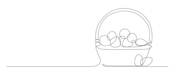one continuous line of easter egg on the basket. art outline vector. editable stroke. - obrazy, fototapety, plakaty