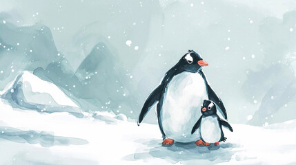 氷の上で氷で休むペンギンの親子　Generative AI