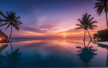 Fototapeta na wymiar outdoor luxury sunset over an infinity pool swimming summer beachfront hotel resort