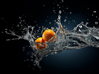 Transparent splash water with oranges in the abstract form on black background