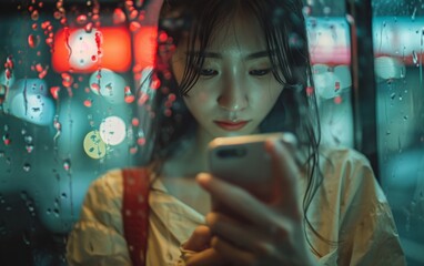 Obraz premium Woman in Winter Attire Using Smartphone