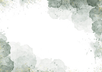 abstract green watercolor paint stroke background
or elegant card design for birthday invite or wedding with abstract green ink smoky and golden splashes.