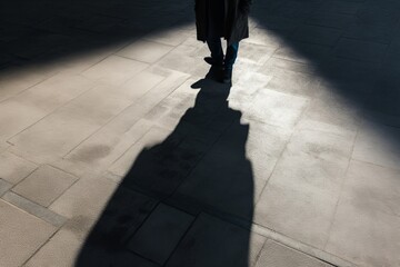 Dark shadow of a lonely person on the ground in the street. Stranger with a cigarette. Anxiety, depression, loneliness, fear concept, Generative AI 