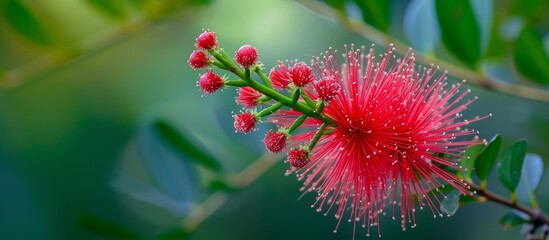 Close-up of the blossom and leaves of Calliandra haematocephala, also known as the red powder puff plant.