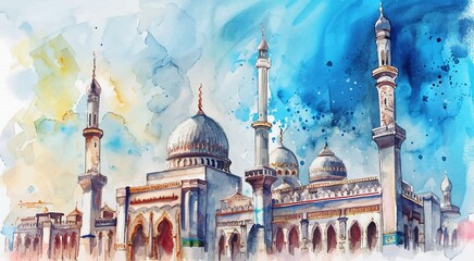 mosque watercolor painting illustration drawing - obrazy, fototapety, plakaty
