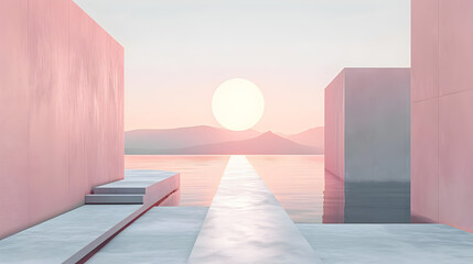 3D Animation of Pink Sun Reflected in Pool
