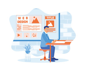 IT expert sketches website development on a sheet of paper. Men create content to fill sites. Web design concept. Flat vector illustration.