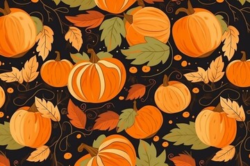Pattern with orange pumpkin and leafs. Generative AI