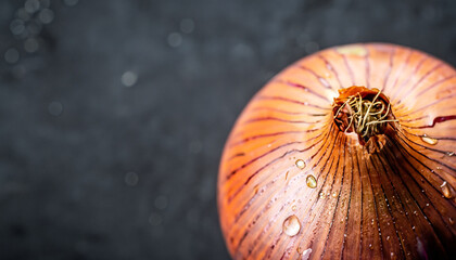 Onion with drops on black background. Full depth of field; top view; close up shot - Powered by Adobe
