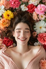 Top view portrait of happy woman laying down on flowers. Happy women day, Beautiful woman with healthy skin, Cosmetics, Lotion, Treatment