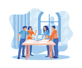 Diverse coworkers discuss and plan work projects in the office. Meetings, exchanging ideas. Business people in office workplace concept. Flat vector illustration.