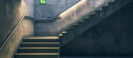 Emergency stairway in shopping center with green exit sign on wall. - Powered by Adobe