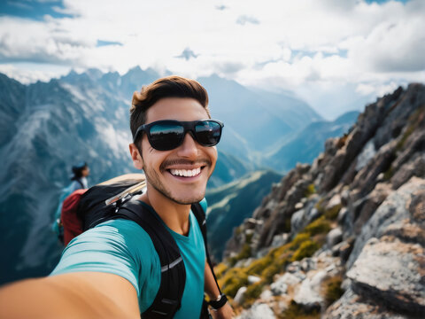 A young hiker captures a selfie portrait atop a mountain.