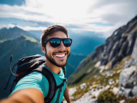 A young hiker captures a selfie portrait atop a mountain.