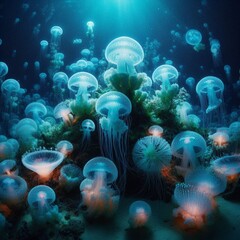 Un jardín de medusas luminosas en el fondo del océano, donde sus tentáculos crean un espectáculo de luces hipnótico con cada movimiento.