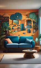Modern living room with a cropped wall mural, Generative AI 
