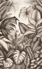 Tropical plants and leafs wallpaper design, sepia color, monochrome, jungle background, pattern design, mural art, Generative AI 