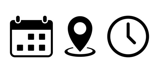 Date, address, and time icon vector. Calendar, location marker, and clock sign symbol