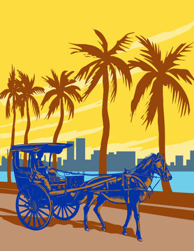 Art Deco or WPA poster art of a kalesa or calesa, a two-wheeled horse-drawn carriage along the Baywalk strip at Manila Bay in the Philippines done in works project administration style.
