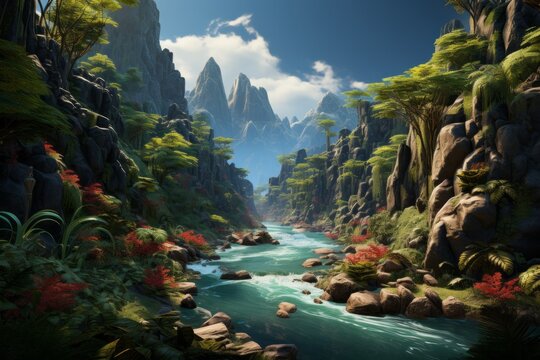 Tropical Paradise with Dense Foliage, Mountains, and a Refreshing Waterfall, on an isolated Teal background, Generative AI