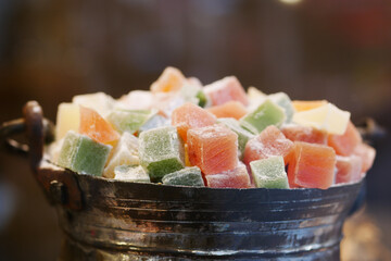  turkish delight or lokum of red, green, orange and yellow colors.