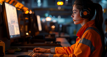 A woman in safety gear sitting by computer, wearing headphones, looking at her monitor.