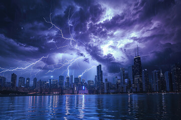 raw power and beauty of a lightning storm over a city skyline.