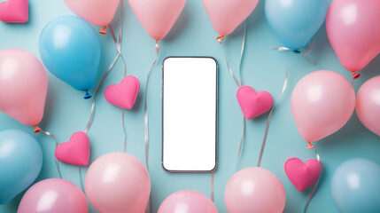 Top view of a mobile phone mockup surrounded by valentine heart shaped balloons. - obrazy, fototapety, plakaty
