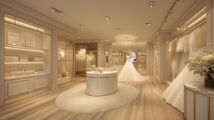 Boutique interior of a modern bridal dress salon.