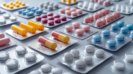 Pharmaceutical packaging of various medicines in blister packs.