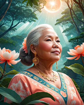 Modern Flat Close-Up Portrait of Full-Figured Tan-Skin Southeast Asian Older Woman Surrounded by Celestial Motifs and Nature Gen AI